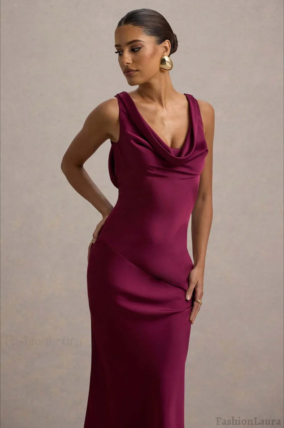 Satin Cowl Neck Fishtail Party Dress