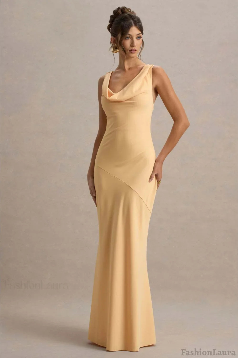 Satin Cowl Neck Fishtail Party Dress S / Yellow