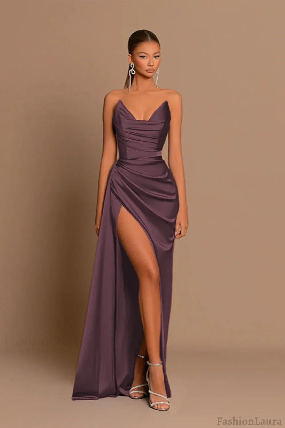 Satin Deep V Corset Slit Formal Dress XS / Purple
