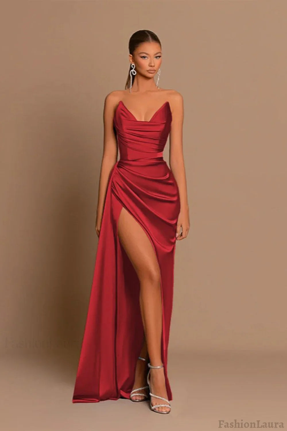 Satin Deep V Corset Slit Formal Dress XS / Red