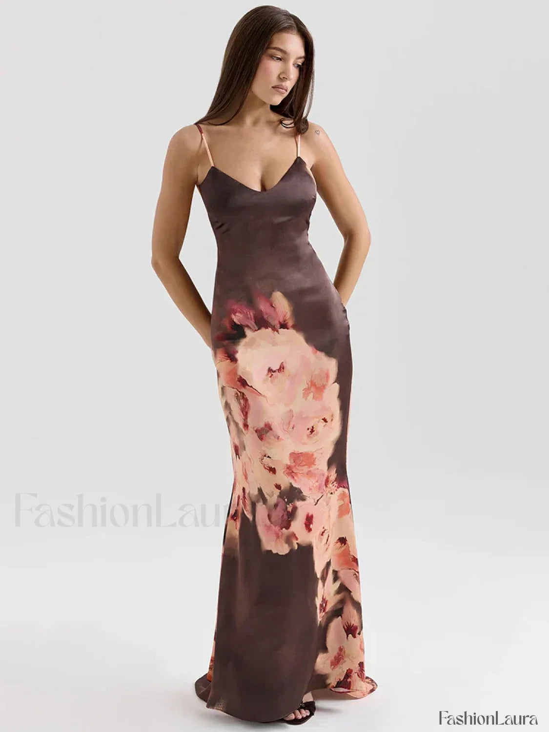 Satin Floral Spaghetti Maxi Dress