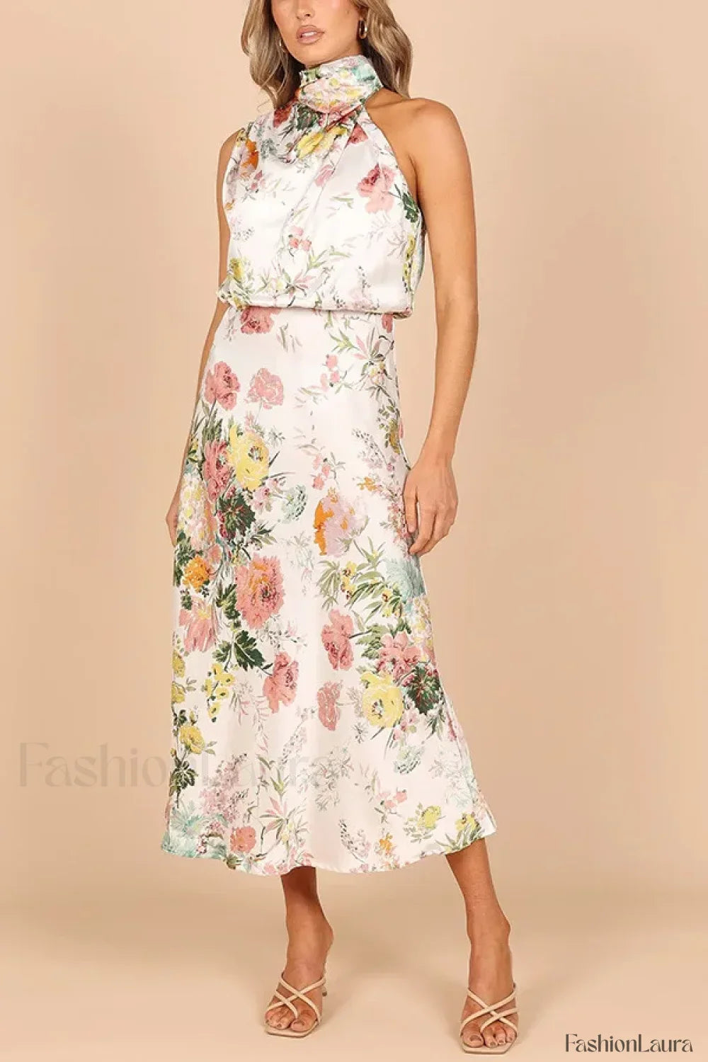Satin Halter A-Line Floral Dress
