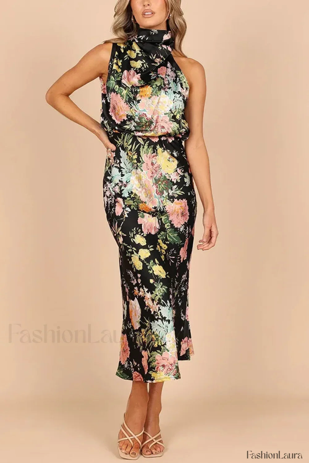 Satin Halter A-Line Floral Dress