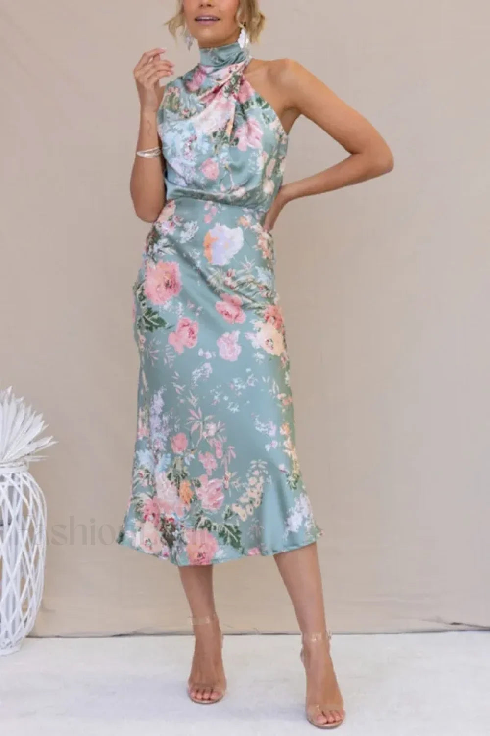 Satin Halter A-Line Floral Dress