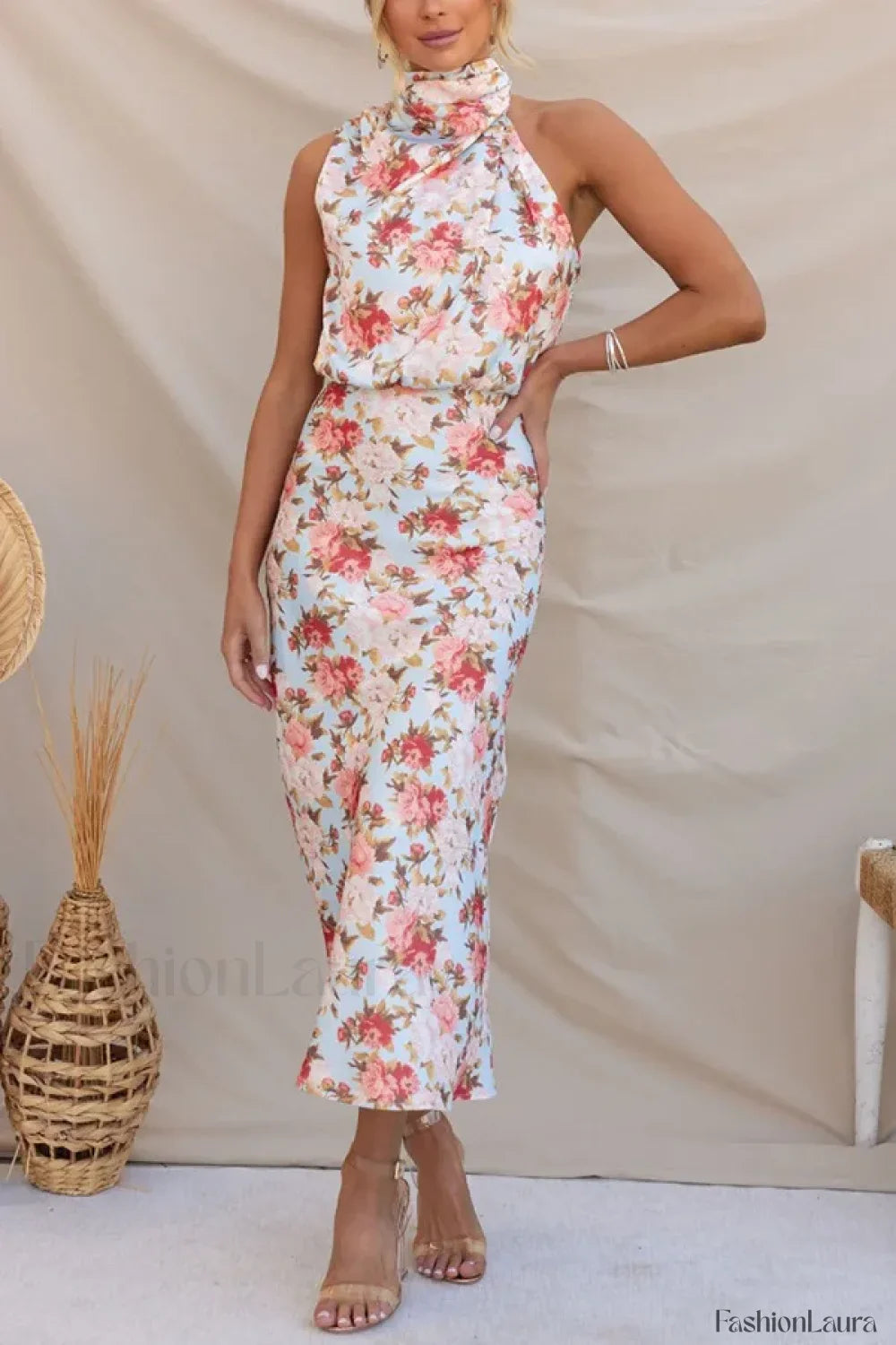 Satin Halter A-Line Floral Dress