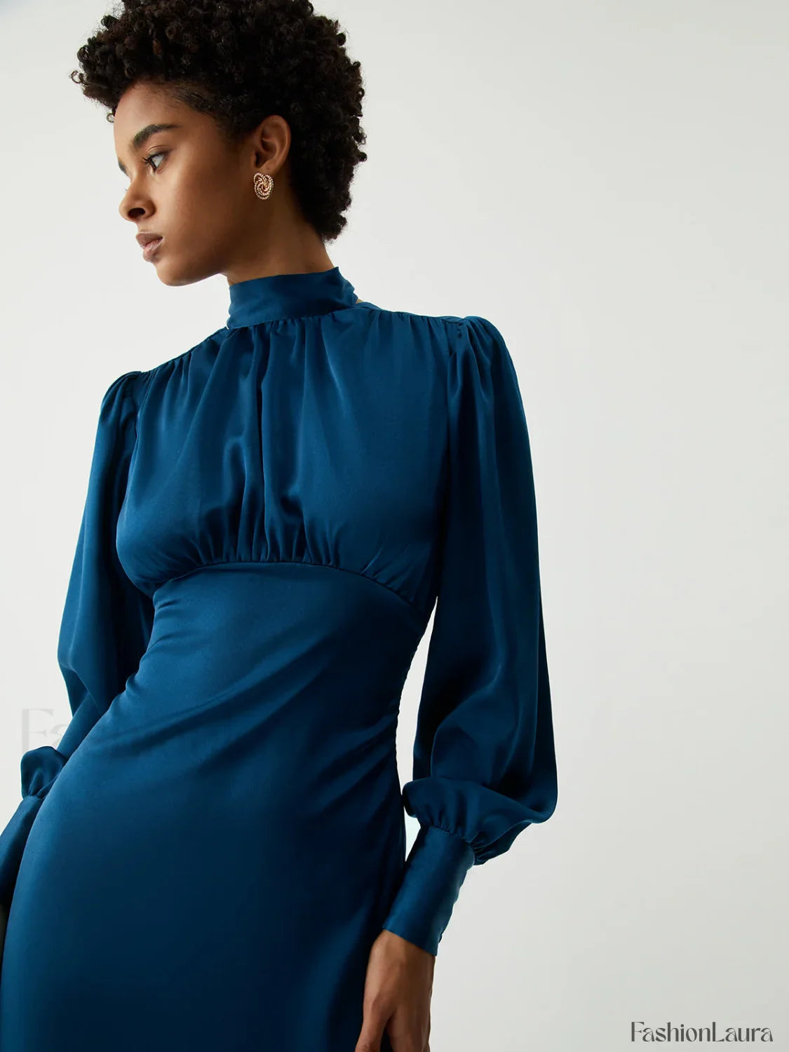 Satin Mock Neck Tie Modern Back Long Sleeve Midi Dress