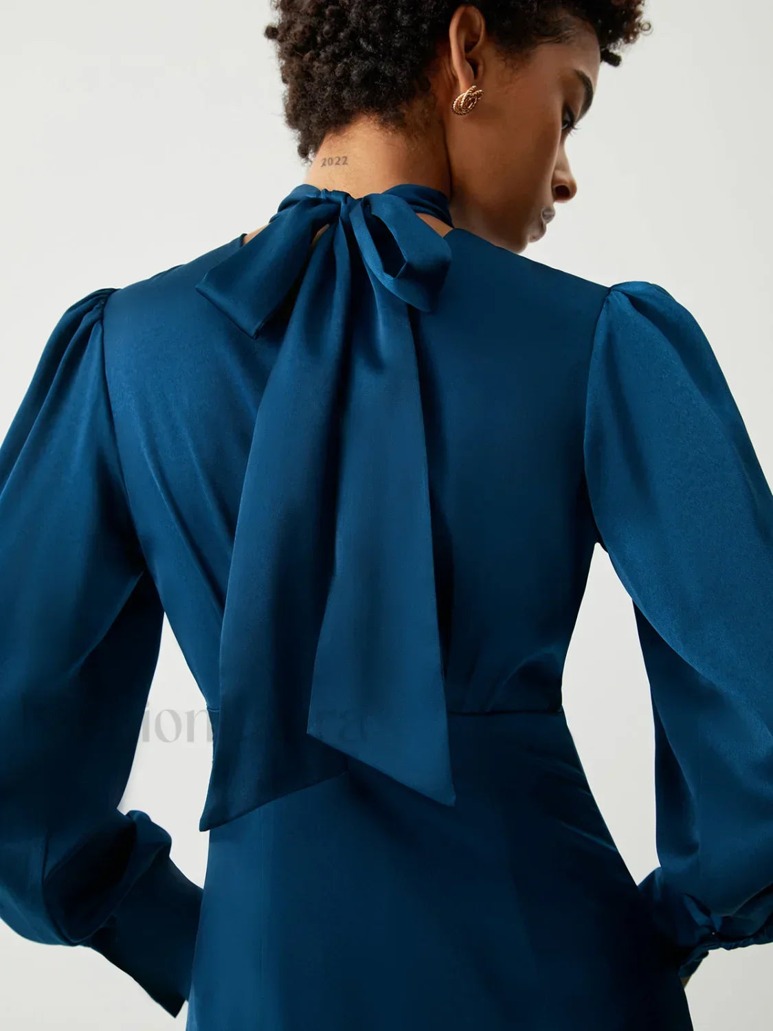 Satin Mock Neck Tie Modern Back Long Sleeve Midi Dress