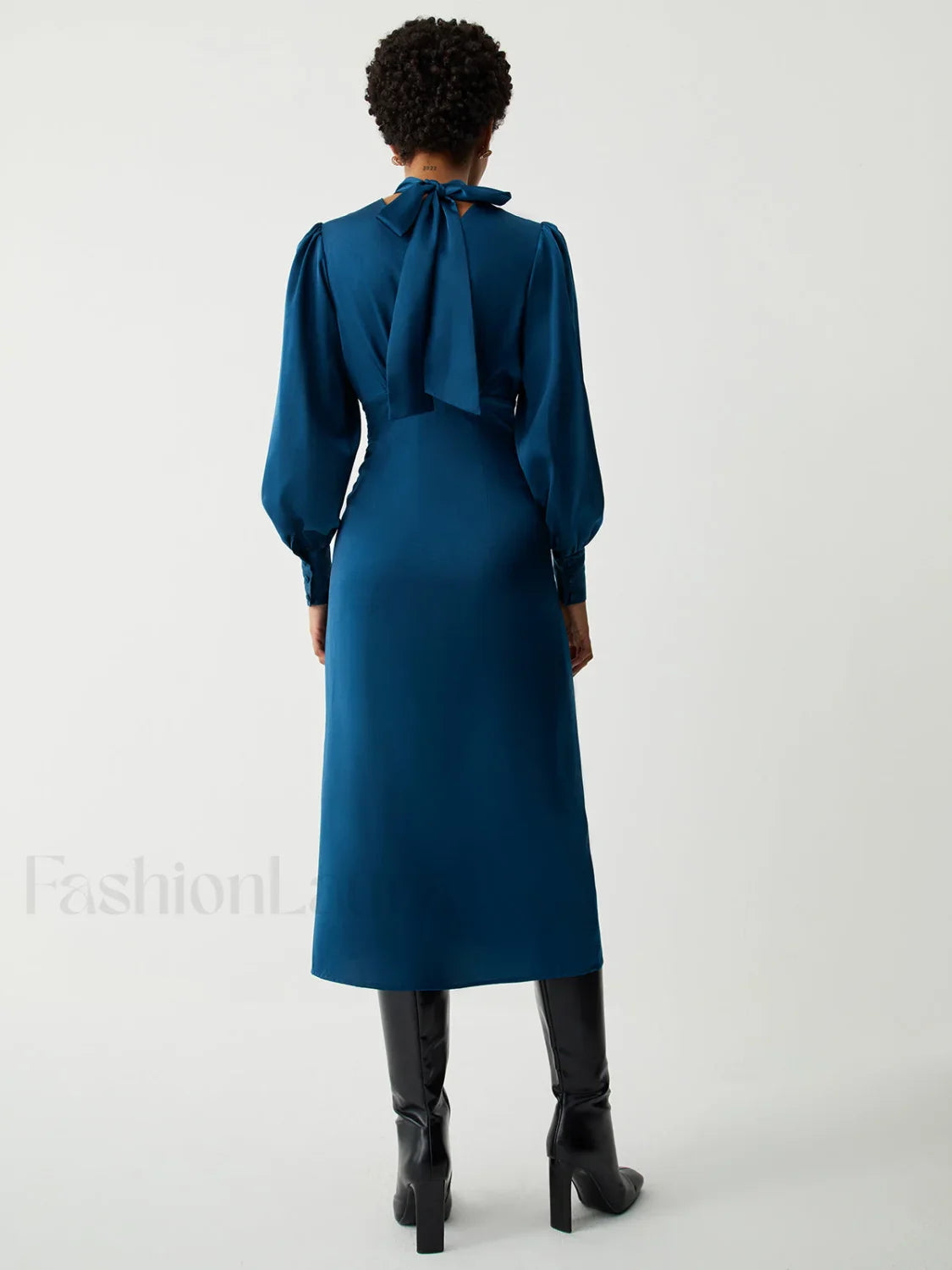 Satin Mock Neck Tie Modern Back Long Sleeve Midi Dress