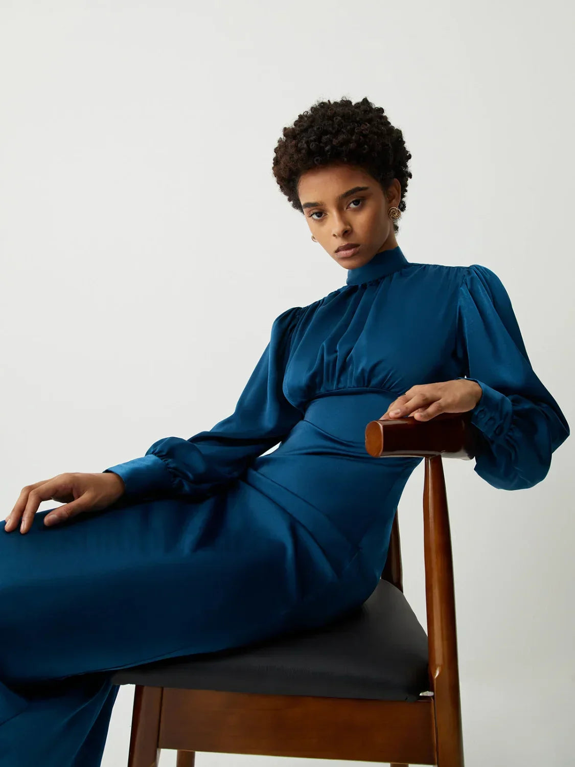 Satin Mock Neck Tie Modern Back Long Sleeve Midi Dress