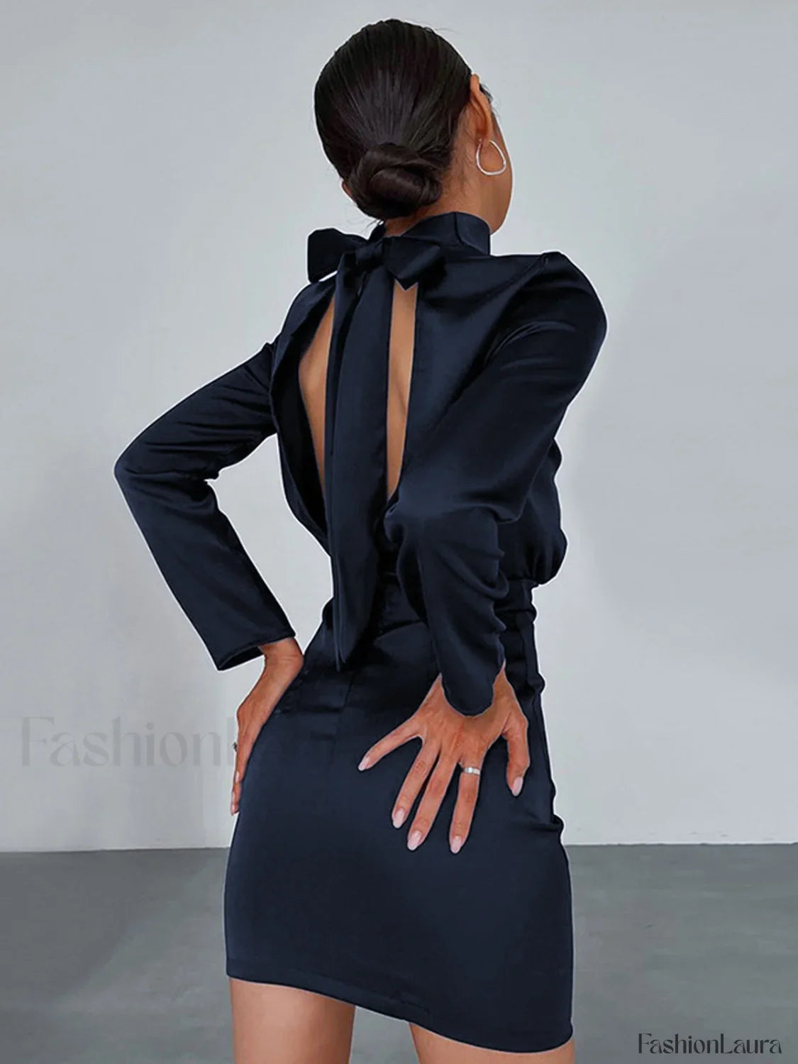 Satin Mock Neck Trendy Tie Back Short Dress