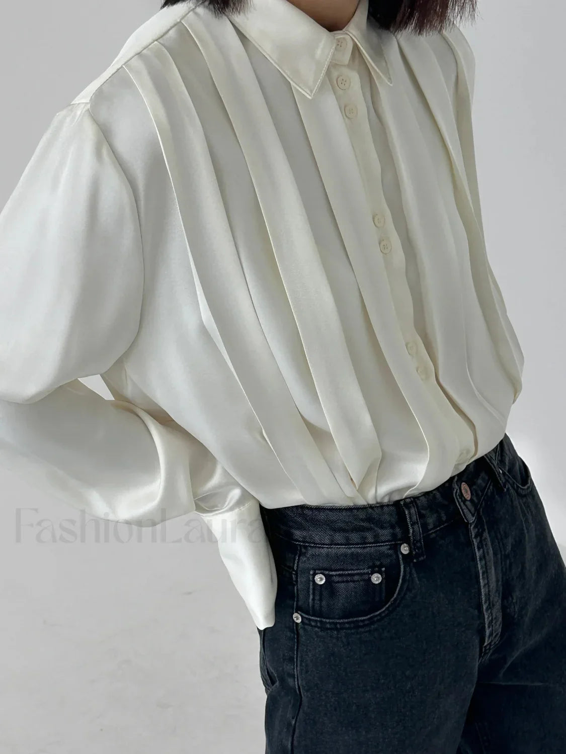 Satin Pleated Graceful Button Down Shirt Apricot / XS Shirts