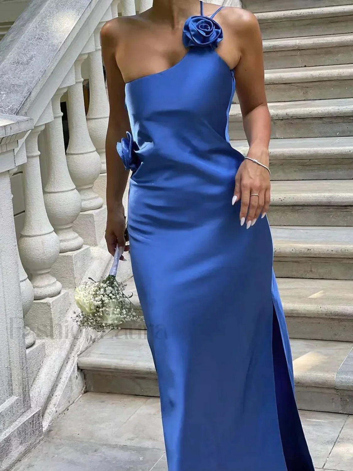 Satin Rose Decor Asymmetrical Modern Open Back Maxi Dress