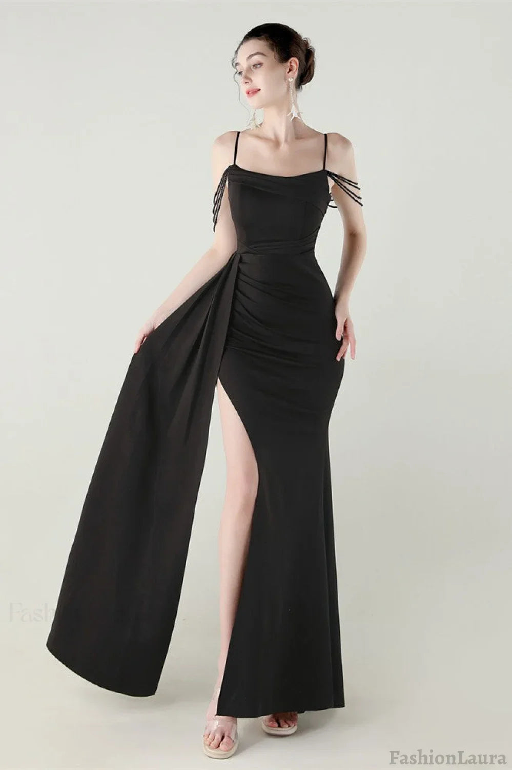 Satin Spaghetti Strap Mermaid Party Dress Black / S