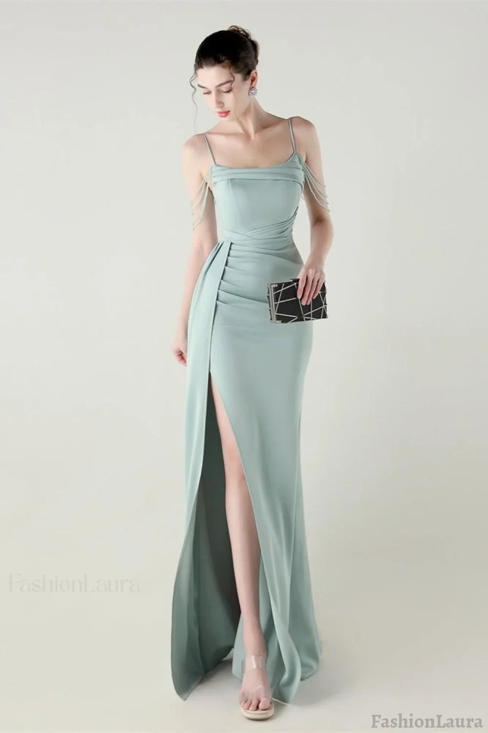 Satin Spaghetti Strap Mermaid Party Dress Light Green / S