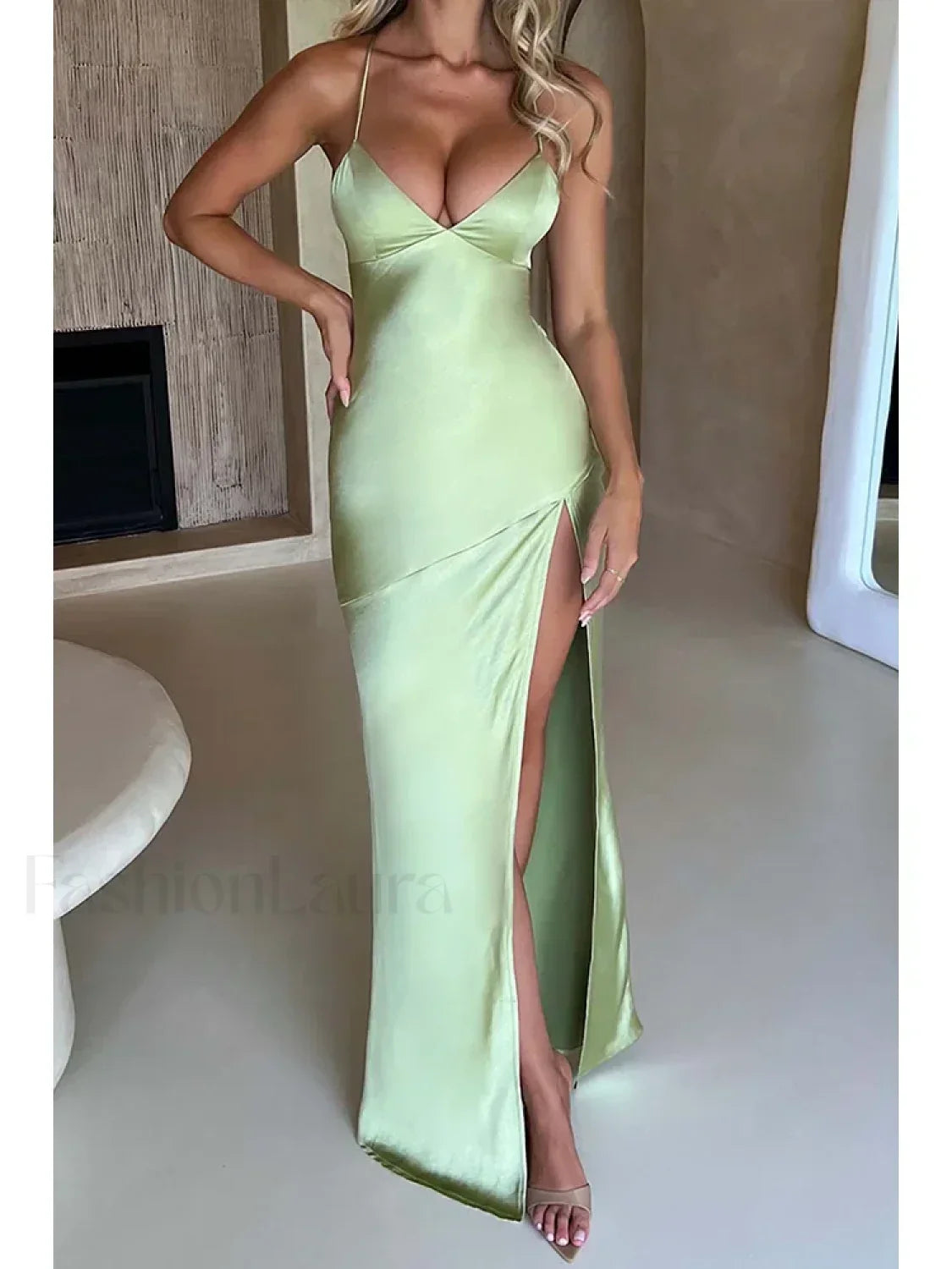 Satin Split Lace-Up Maxi Dress