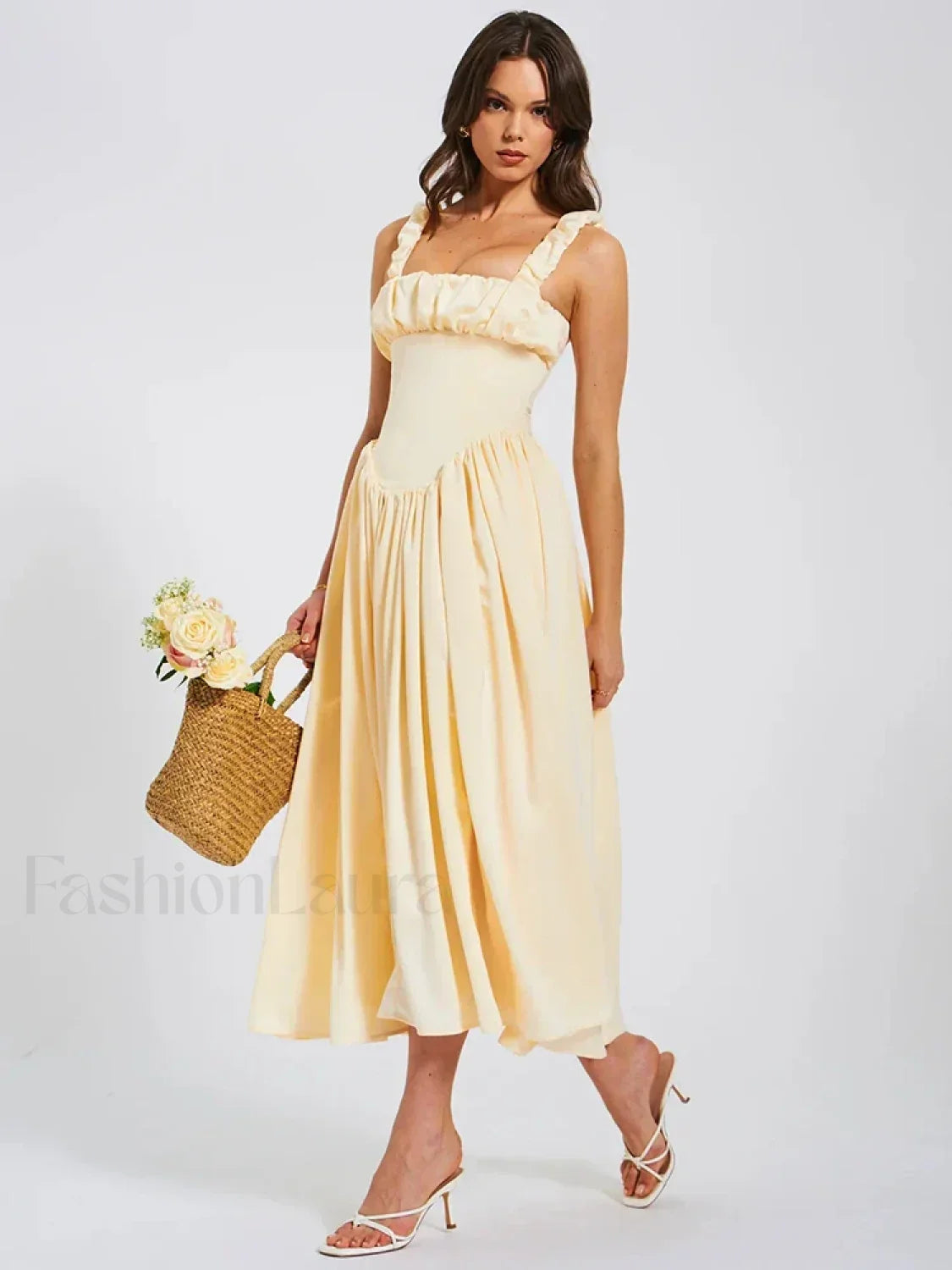 Satin Square-Collar Midi Dress