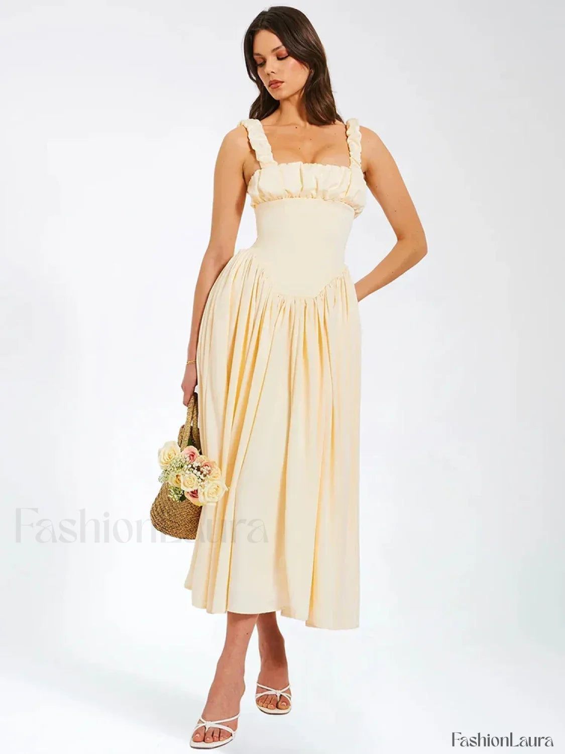 Satin Square-Collar Midi Dress