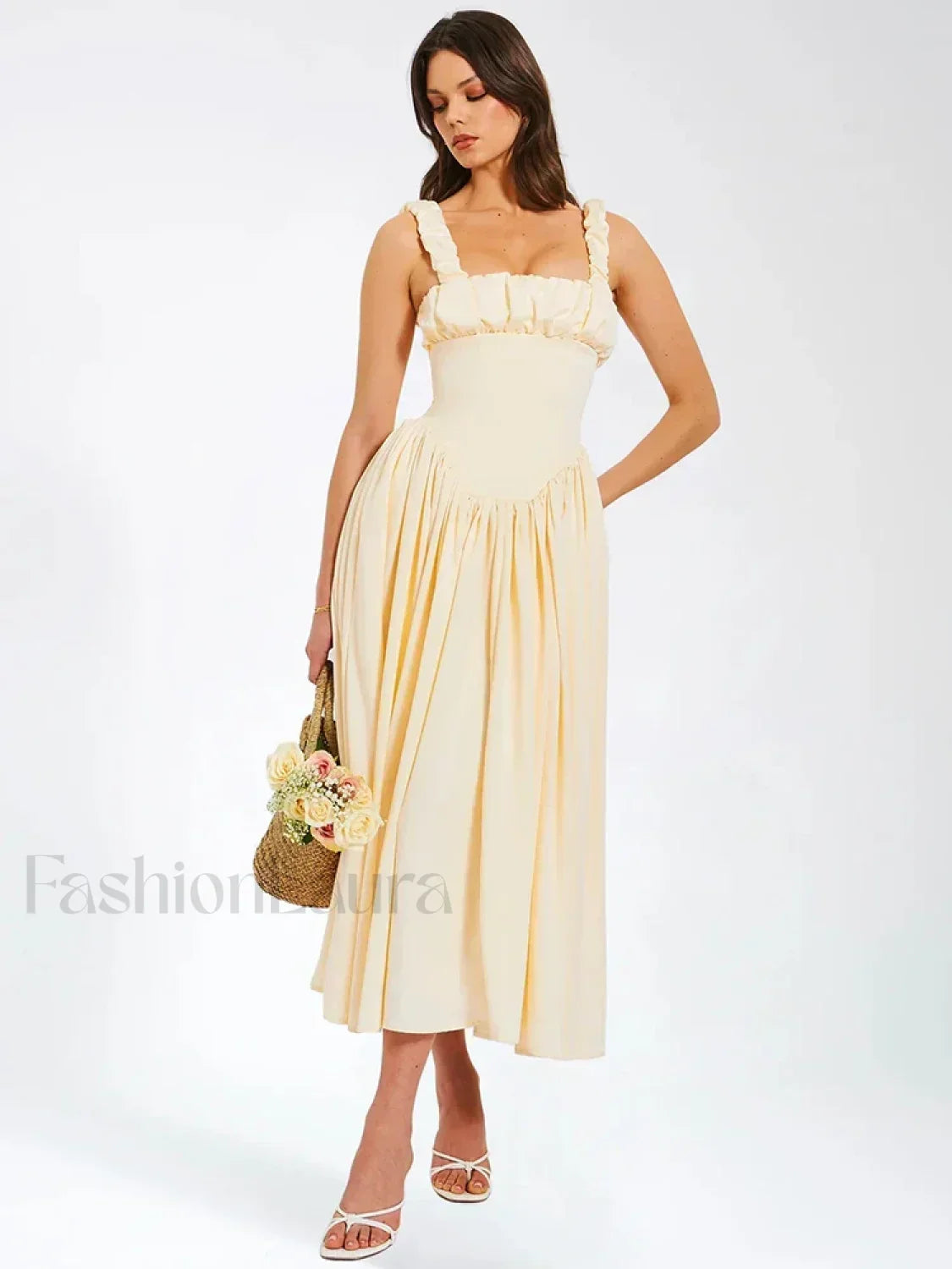 Satin Square-Collar Midi Dress