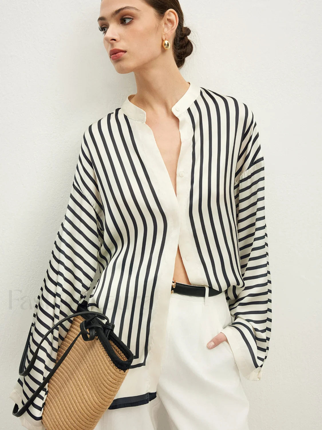 Satin Striped Button Cozy Blouse
