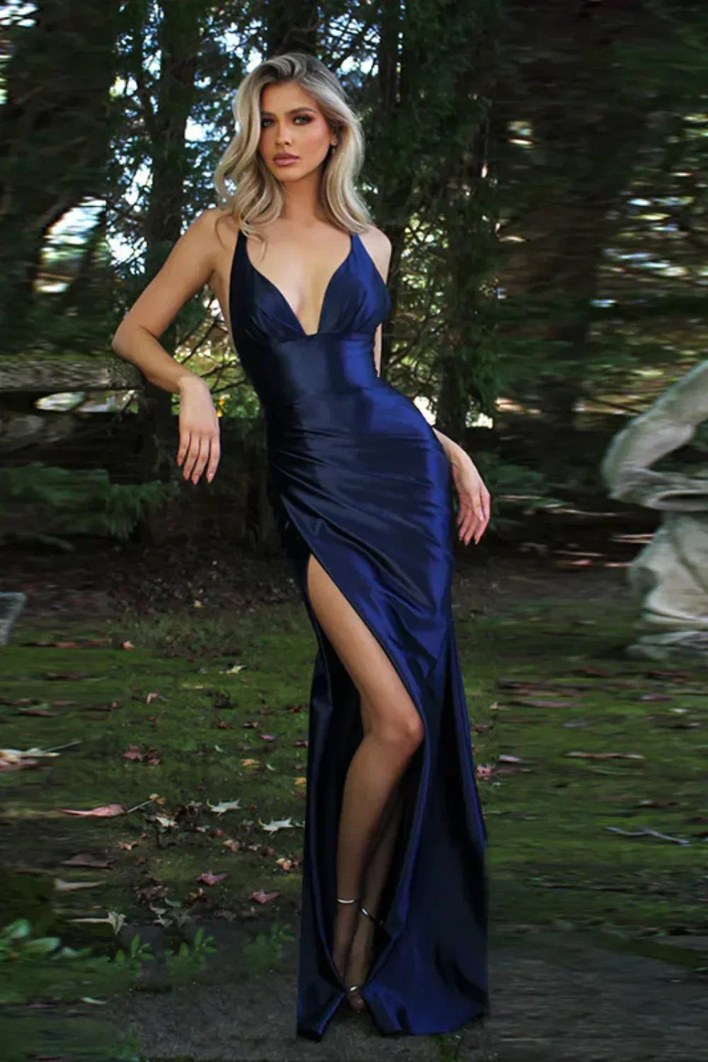 Satin V Neck Waist Split Halter Suspender Maxi Dress Navy blue / S