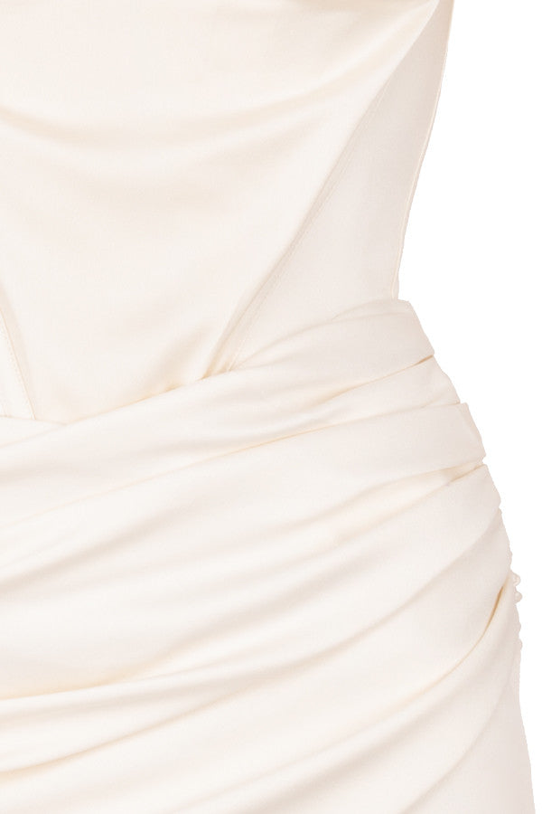 Off Shoulder Satin Corset Bodice Draped Wrap Hem Mini Dress 17