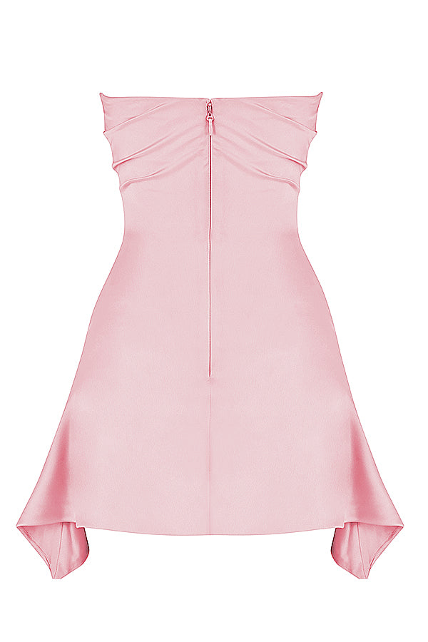 Satin Strapless Ruched Corset Asymmetric Hem Mini Dress 11