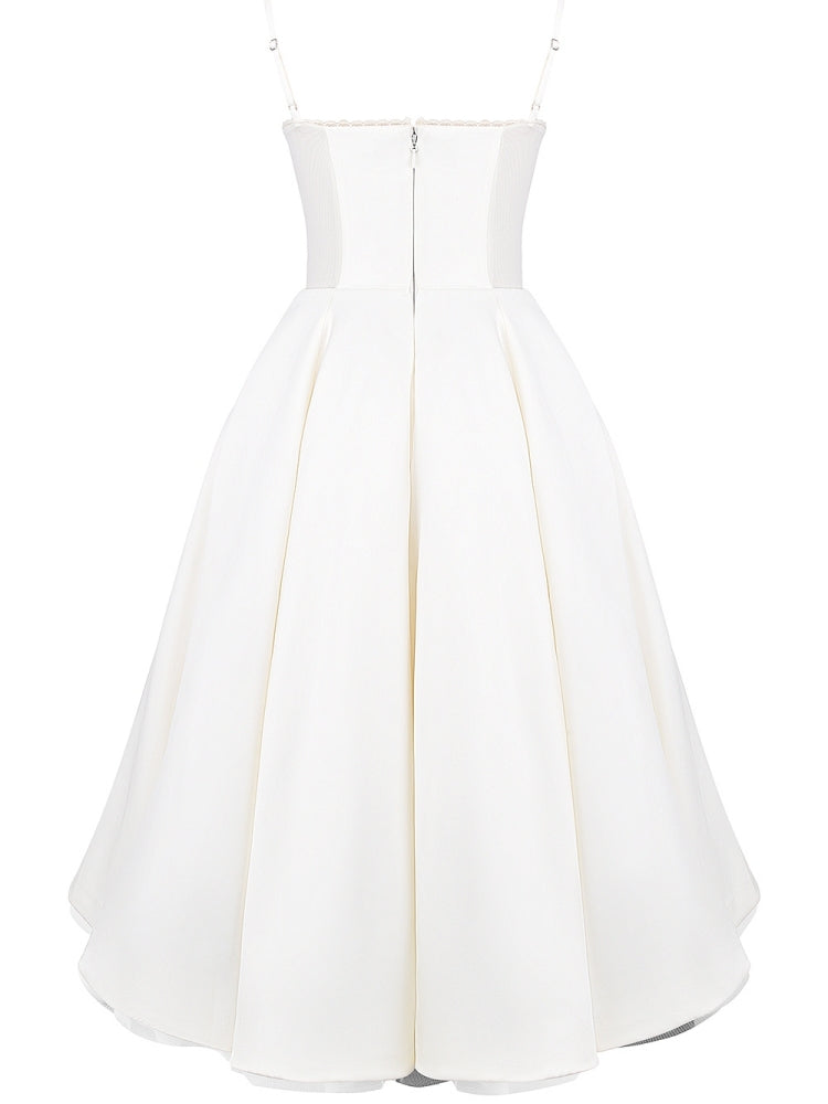 Satin Corset Bustier Spaghetti Strap Fit and Flare Tulle Hem Midi Dress 8