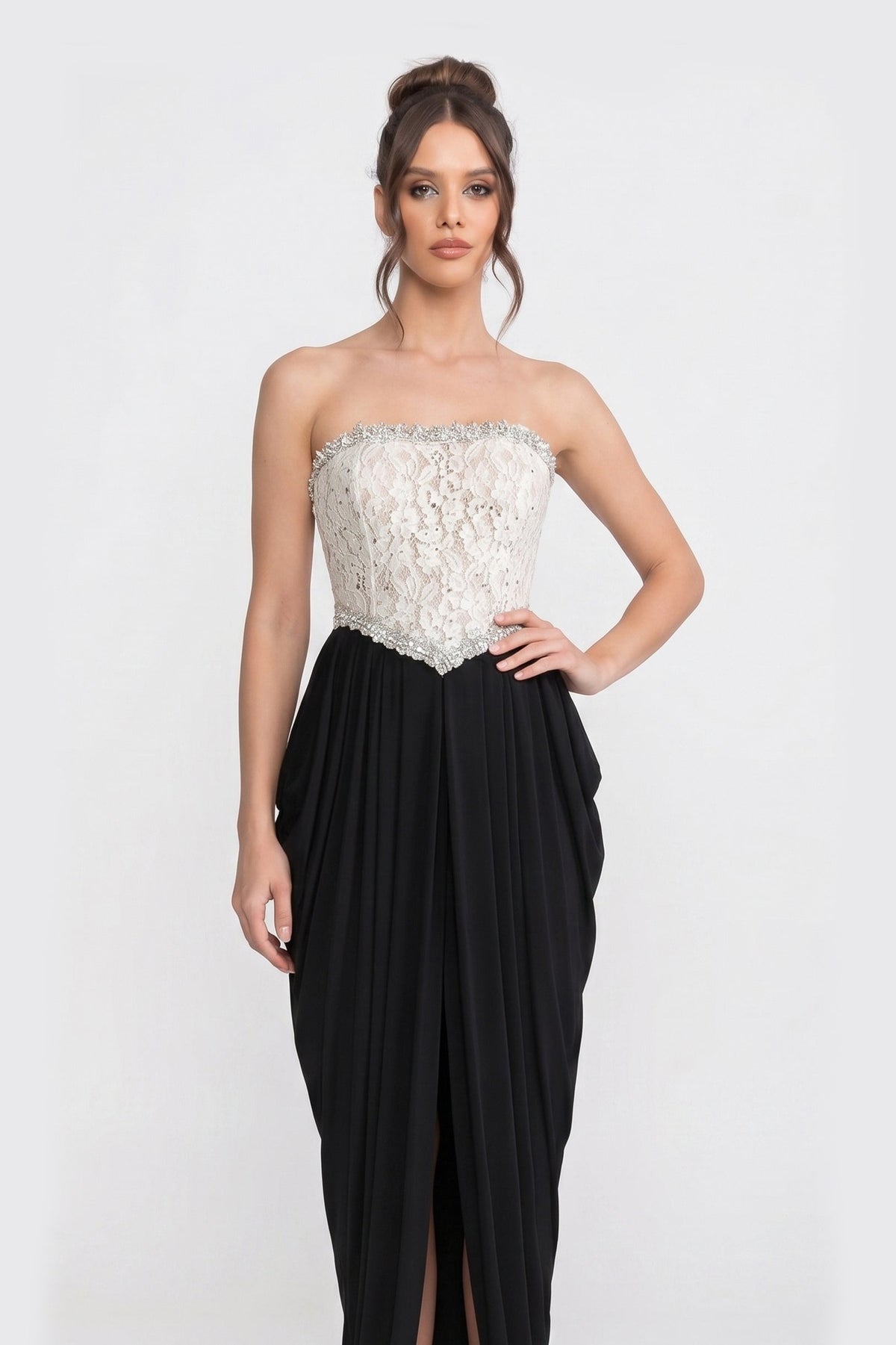 Strapless Beaded Lace Bodice Draped High Split Maxi Gown 3