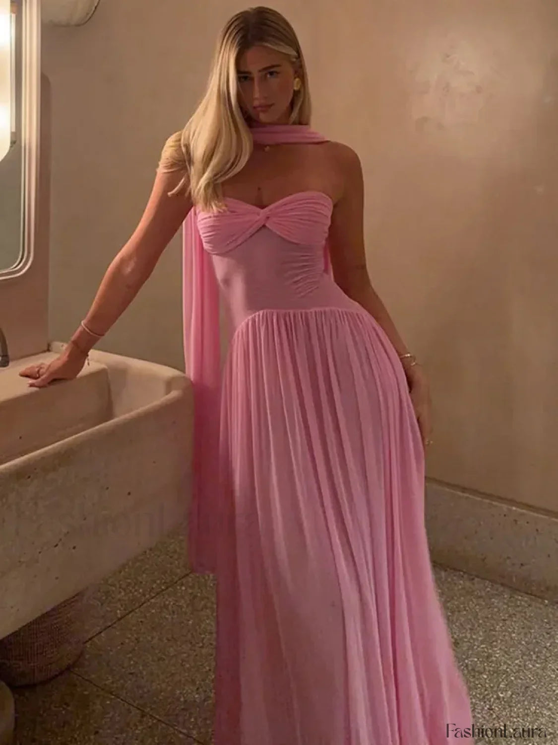 Scarf Collar Mesh Pink Maxi Dress