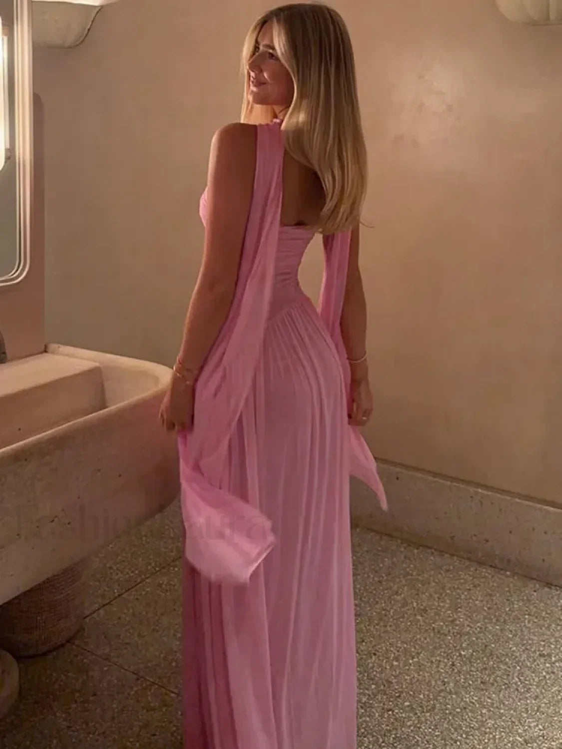 Scarf Collar Mesh Pink Maxi Dress