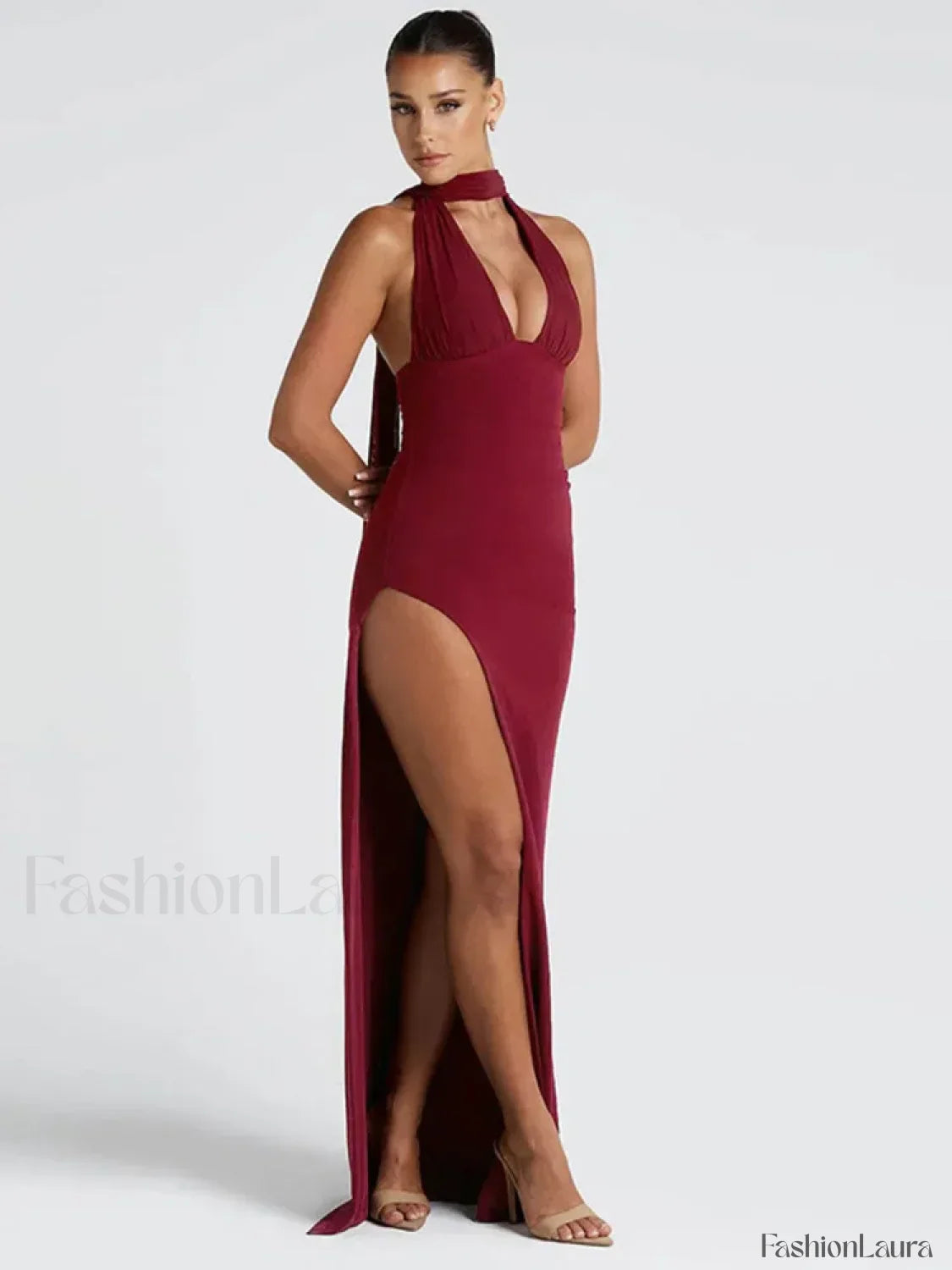 Scarf Split Deep V Maxi Dress