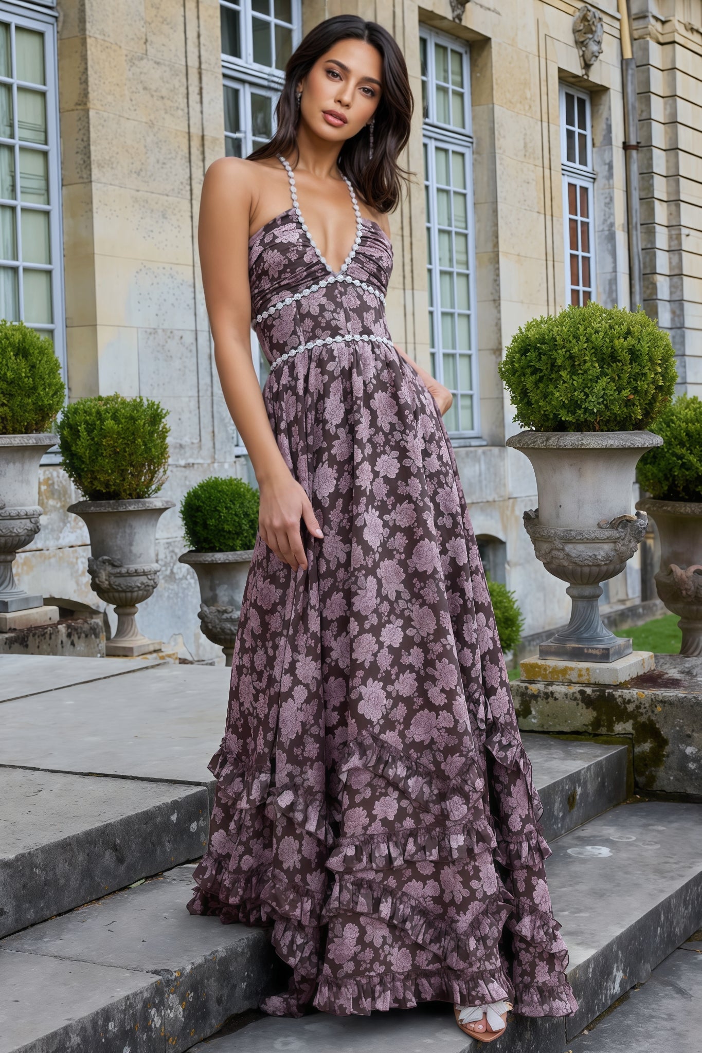 Pearl Beaded Halter Deep V-Neck High Split Tiered Ruffle Hem Maxi Gown
