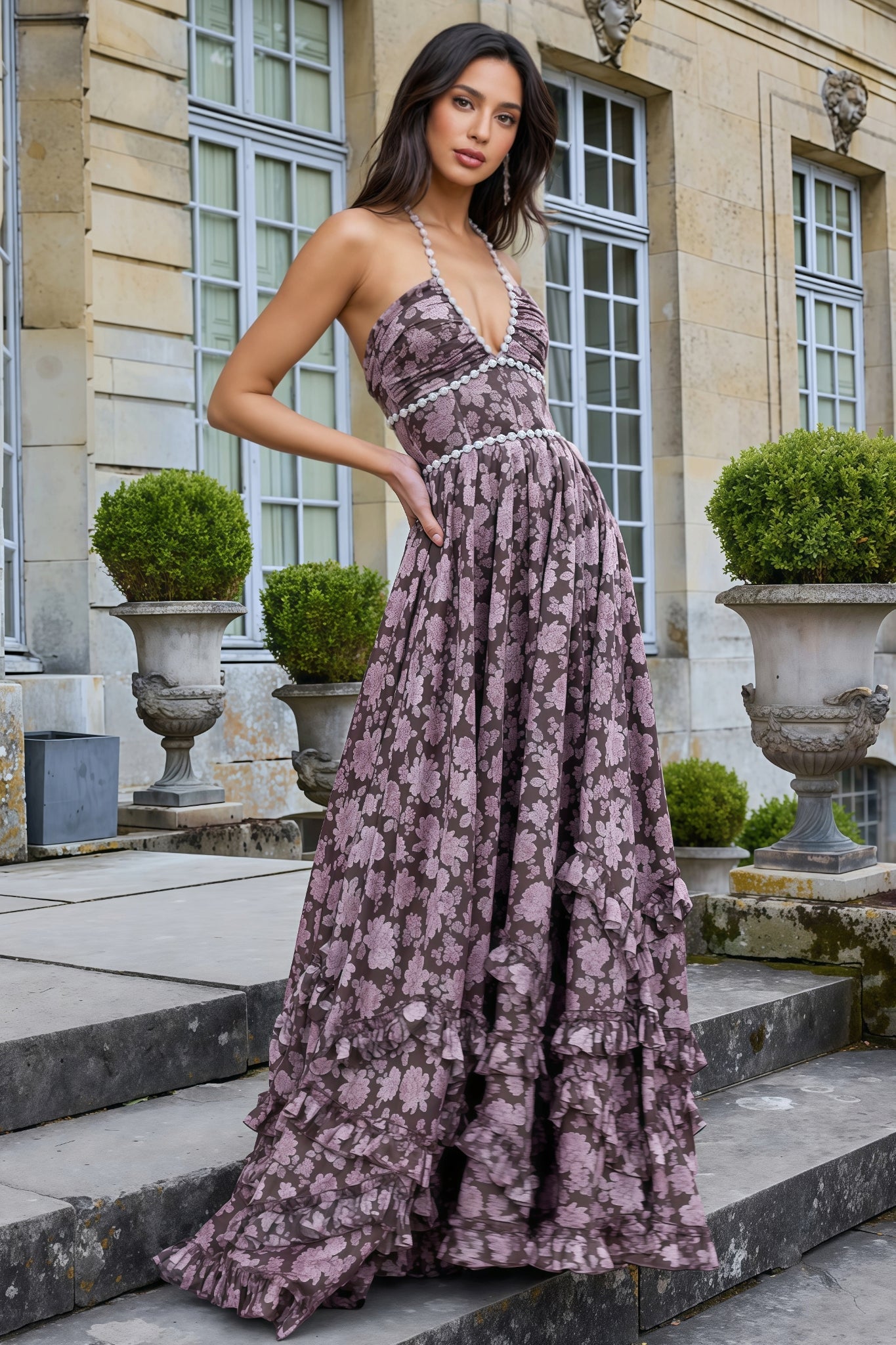 Pearl Beaded Halter Deep V-Neck High Split Tiered Ruffle Hem Maxi Gown