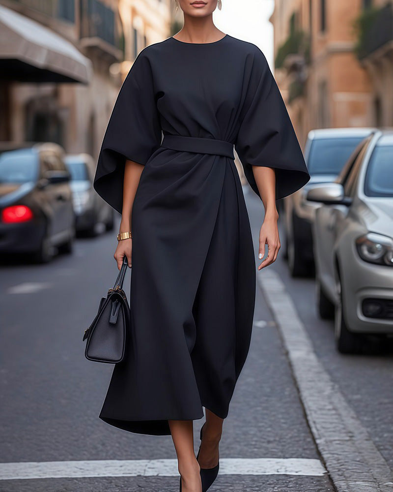 Crew Neck Wide Flared Sleeve Belted Wrap Drape Midi Dress