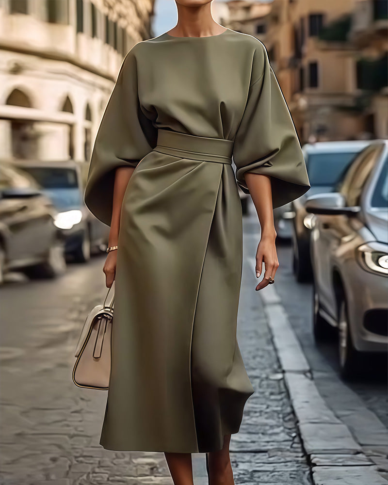 Crew Neck Wide Flared Sleeve Belted Wrap Drape Midi Dress