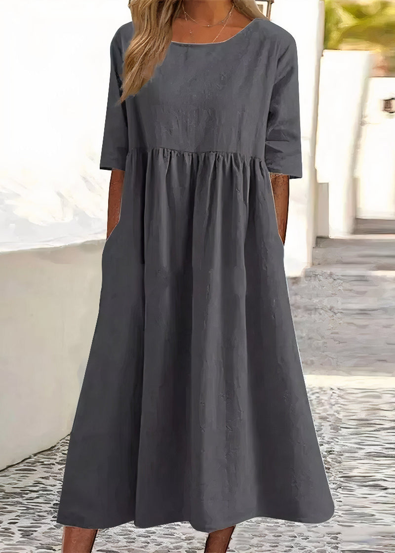 Scoop Neck Half Sleeve Empire Waist Pocket Summer Midi Dress