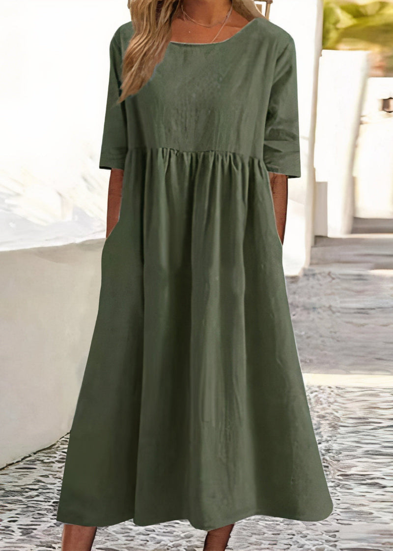 Scoop Neck Half Sleeve Empire Waist Pocket Summer Midi Dress