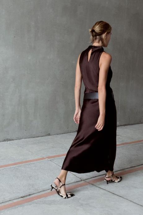 Satin Funnel Neck Sleeveless Bias Cut Slip Maxi Dress