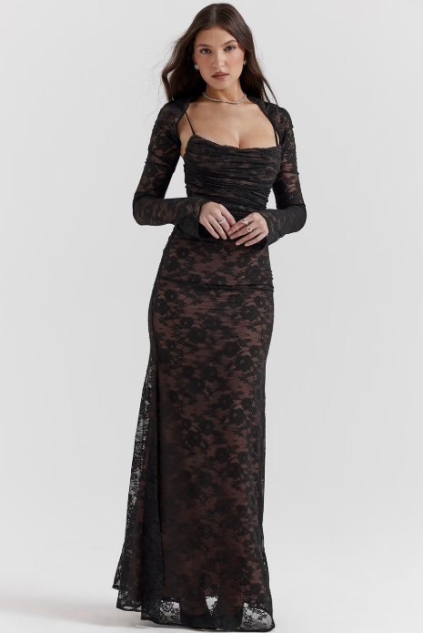 Sheer Floral Lace Ruched Bust Long Sleeve Shrug Maxi Dress