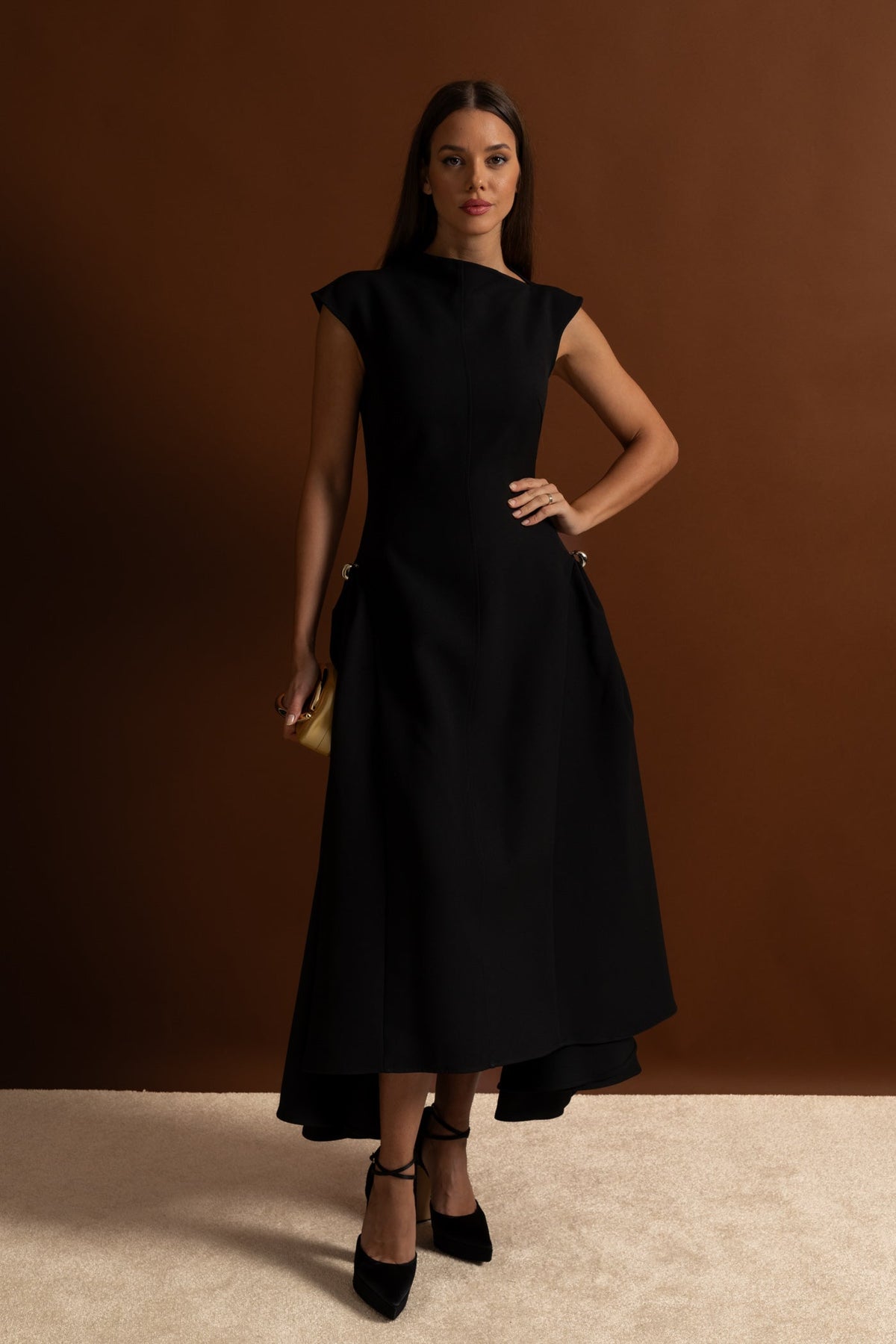 Sleeveless High Neck Metal Ring Hip Fold Sculptural High Low Midi Dress - View 12