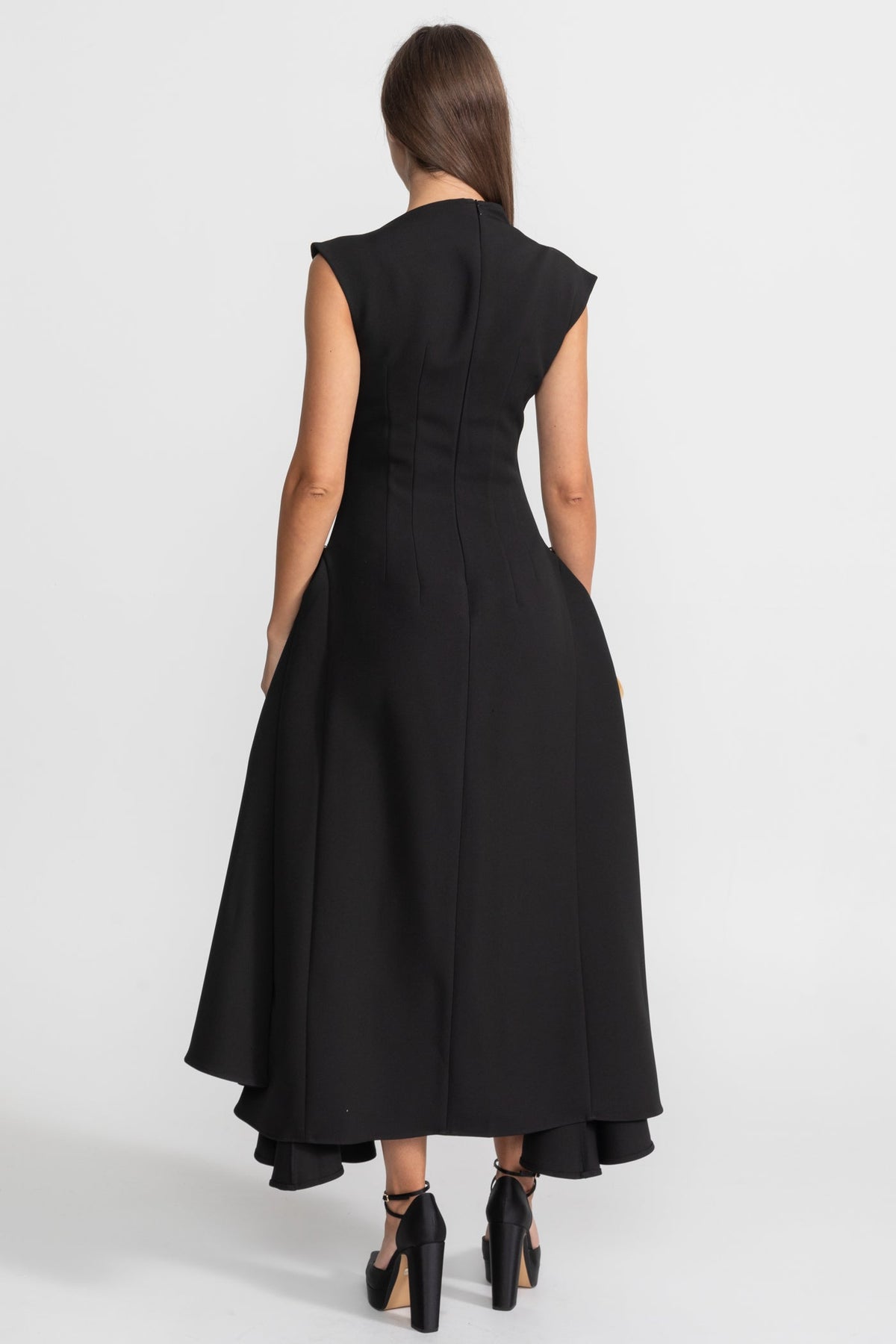 Sleeveless High Neck Metal Ring Hip Fold Sculptural High Low Midi Dress - View 9
