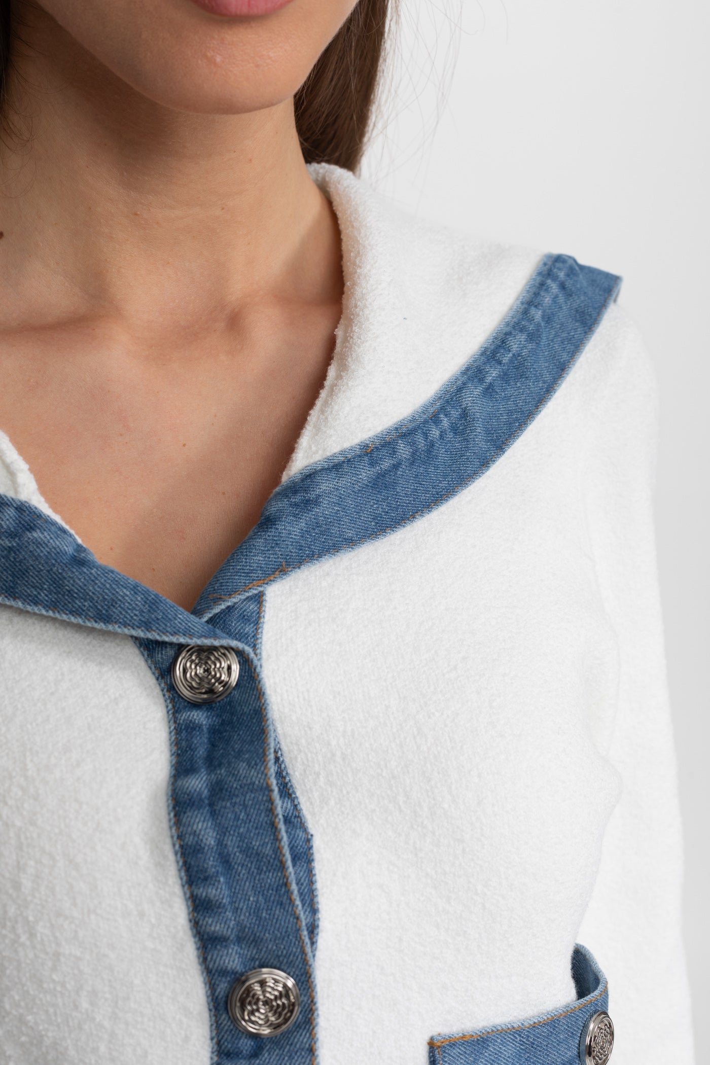 Textured Knit Co-Ord Set with Denim Trim – White & Blue