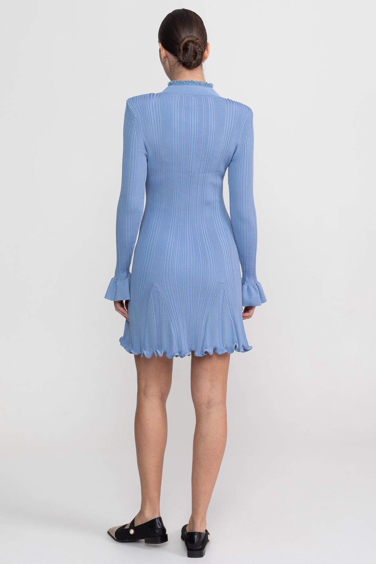 Ribbed Knit Beaded Trim Long Sleeve Flared Cuff Ruffle Hem Mini Dress 7
