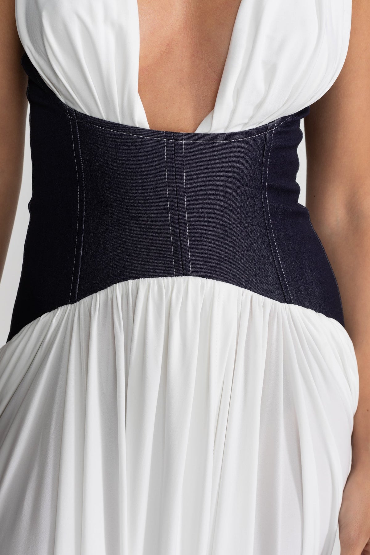 Halter Deep V-Neck Denim Look Corset Waist Draped Maxi Dress 6