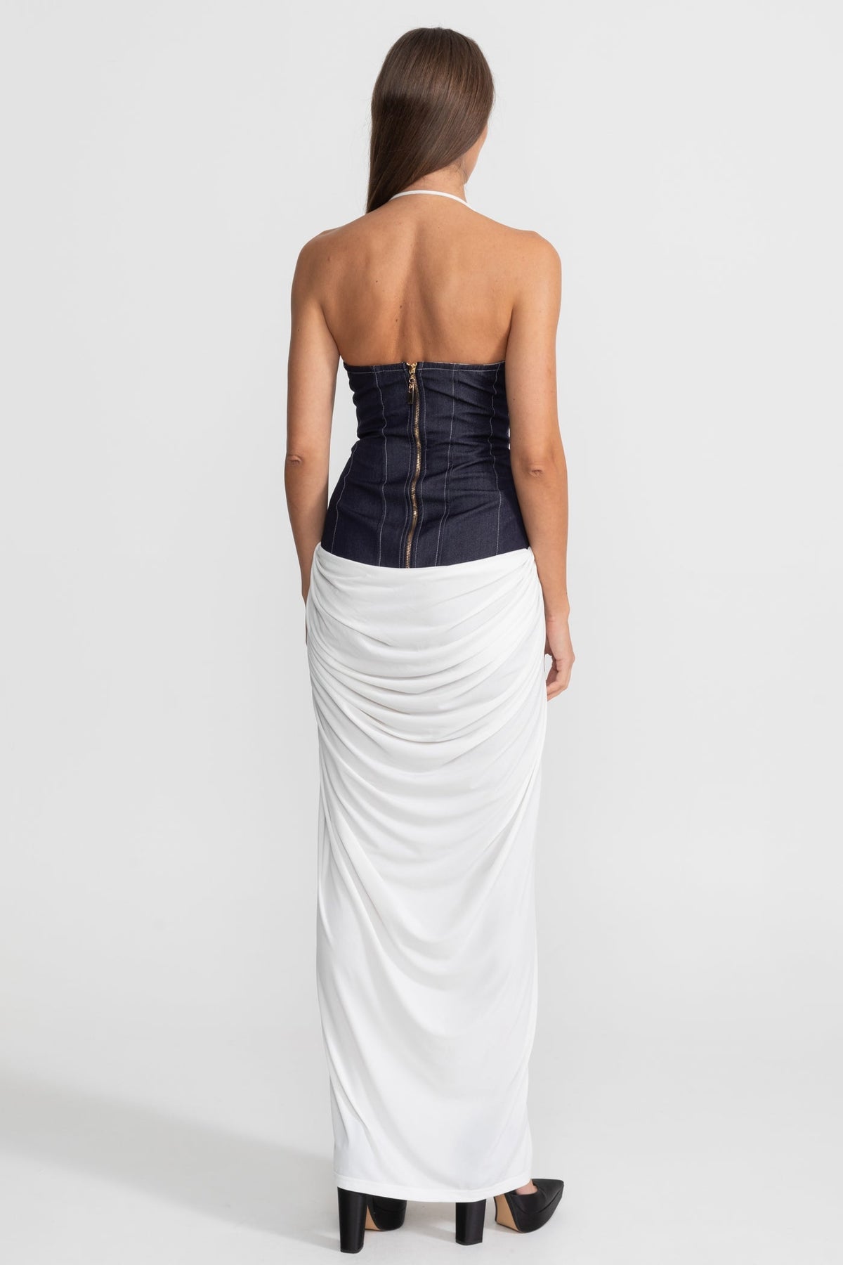 Halter Deep V-Neck Denim Look Corset Waist Draped Maxi Dress 2
