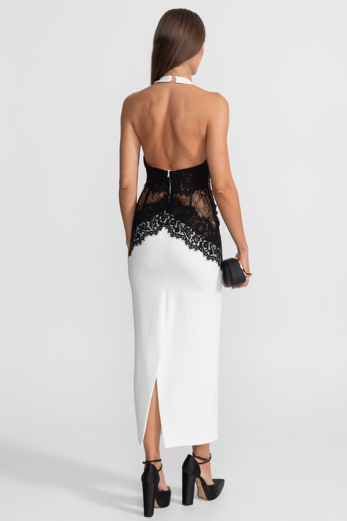 Halter Neck Contrast Lace Panel Sleeveless Column Maxi Dress 4