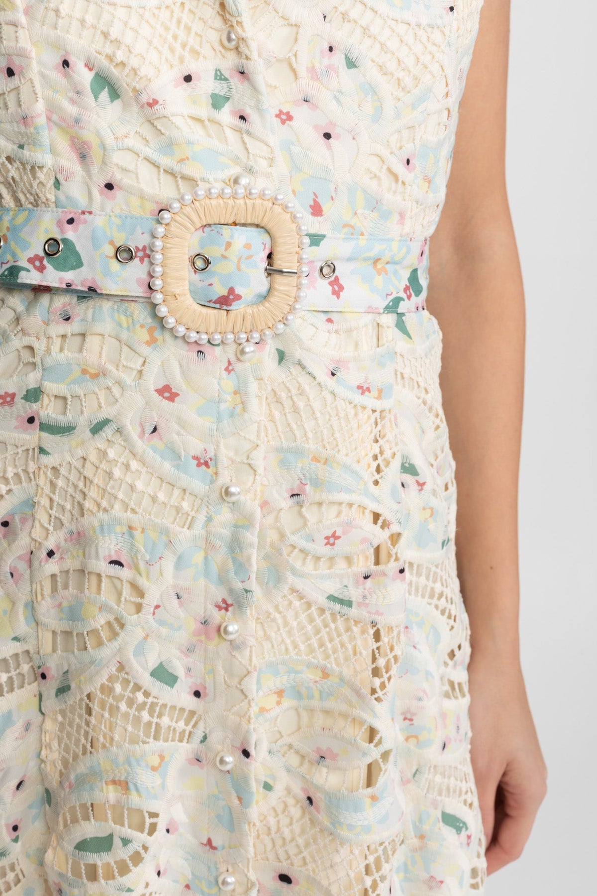 Cut Out Lace Notched Collar Sleeveless Belted Scalloped Hem Midi Dress 7