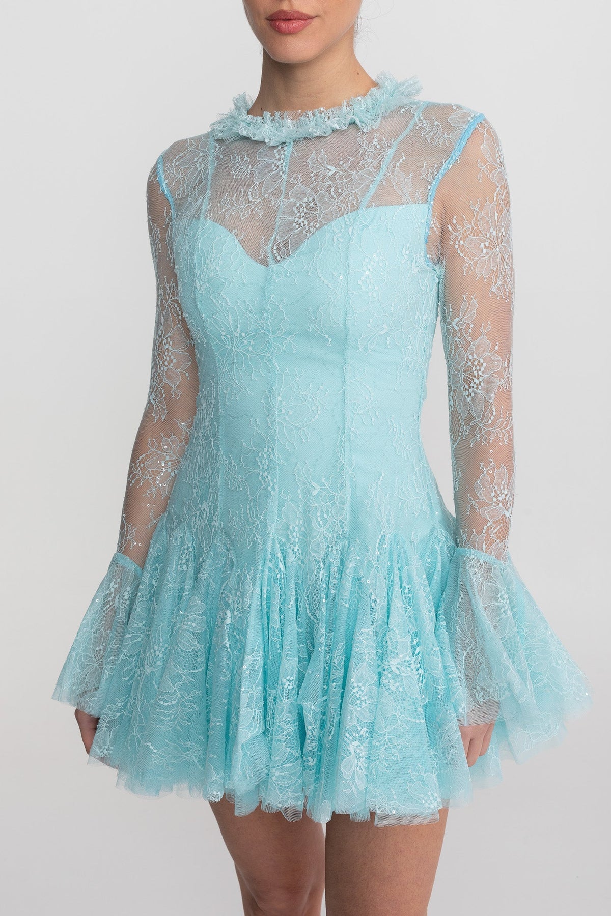 Sheer Lace Ruffle Neck Long Sleeve Flared Cuff Ruffle Hem Mini Dress 7