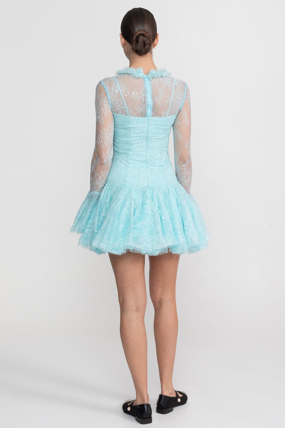Sheer Lace Ruffle Neck Long Sleeve Flared Cuff Ruffle Hem Mini Dress 9