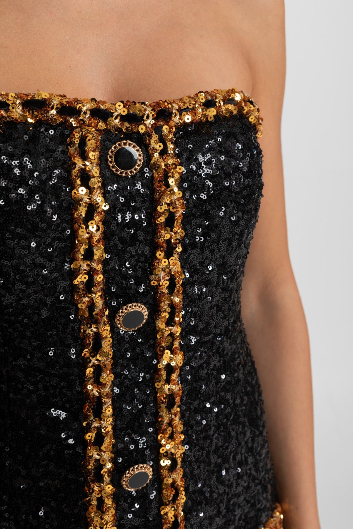 Strapless Sequin Chain Trim Button Front Bodycon Mini Dress 3